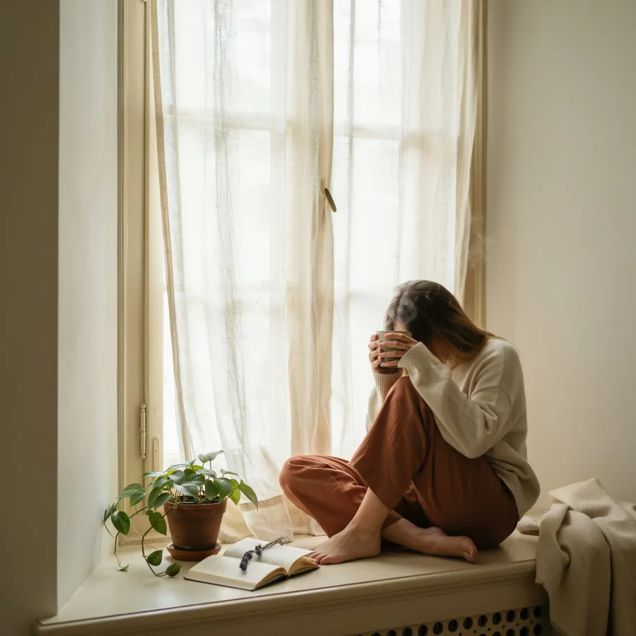 Person sitting by a window in morning light, holding a cup, contemplative mood