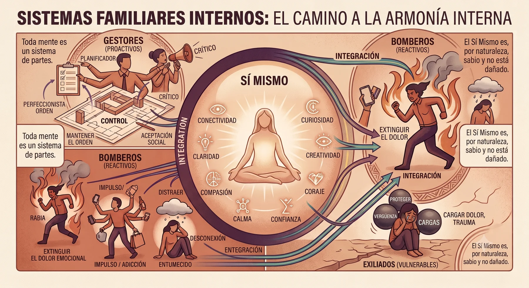 Infografía de Sistemas Familiares Internos: managers, bomberos y exiliados alrededor del Sí Mismo