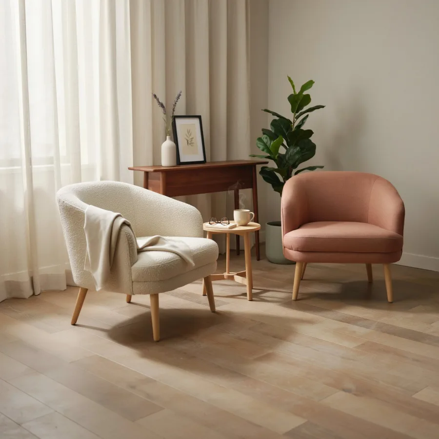 Empty therapy room with two armchairs facing each other, warm afternoon light