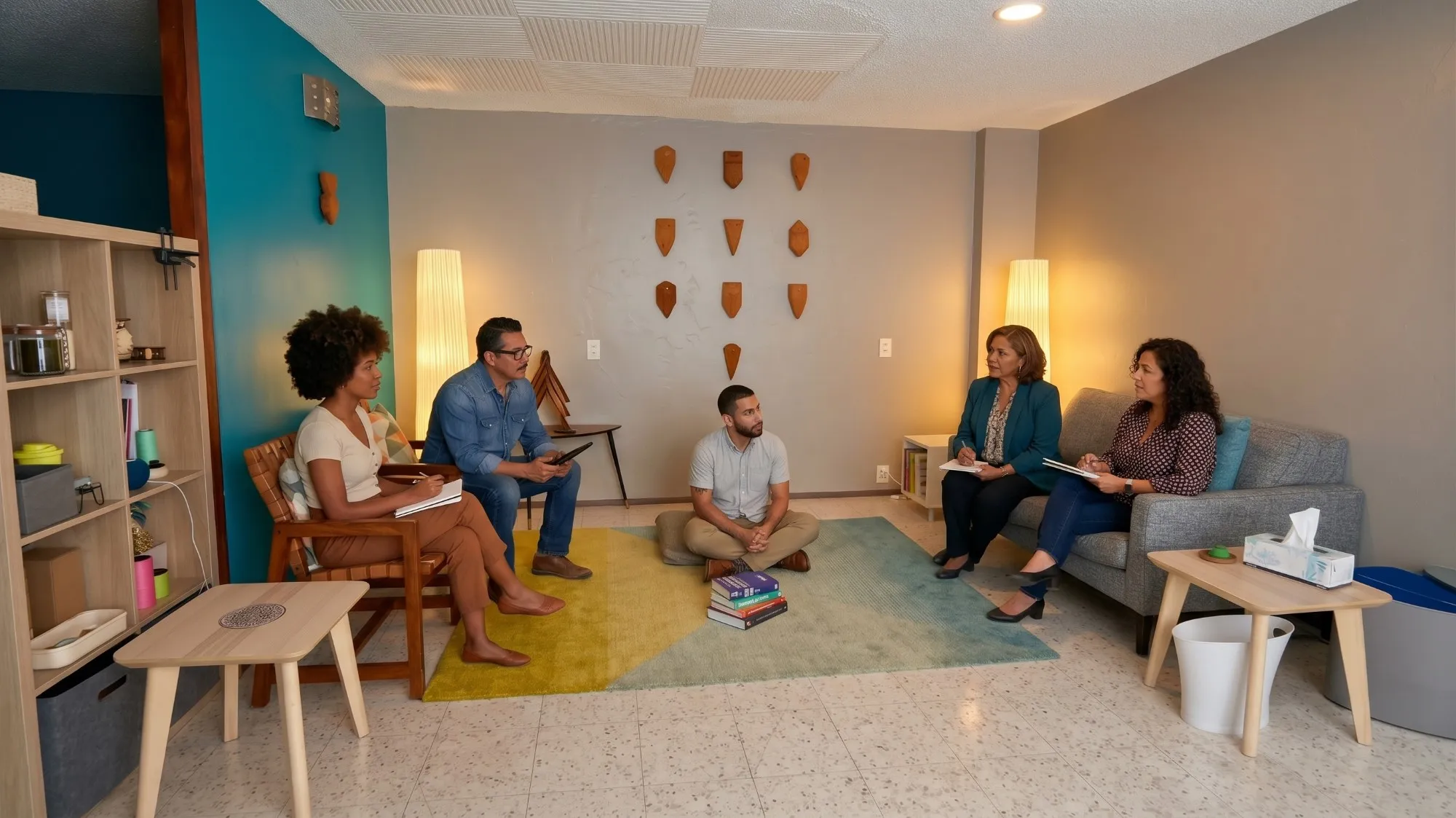 Imagen generada con IA: un grupo de supervisión terapéutica conversa en semicírculo sobre un caso clínico, en una sala con lámparas cálidas; varias personas toman notas.