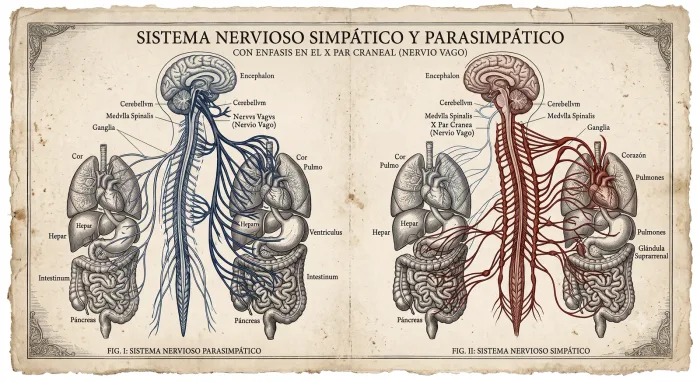Lámina anatómica de estilo antiguo del sistema nervioso simpático y parasimpático, con énfasis en el nervio vago y sus conexiones con corazón, pulmones e intestinos